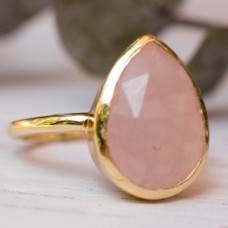 Rose quartz pear silver gold plated ring